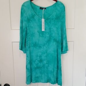 NWT Womens V-Neck 3/4 Bell Sleeve Teal Tie-Dye Dress Or Tunic Size Medium Jade